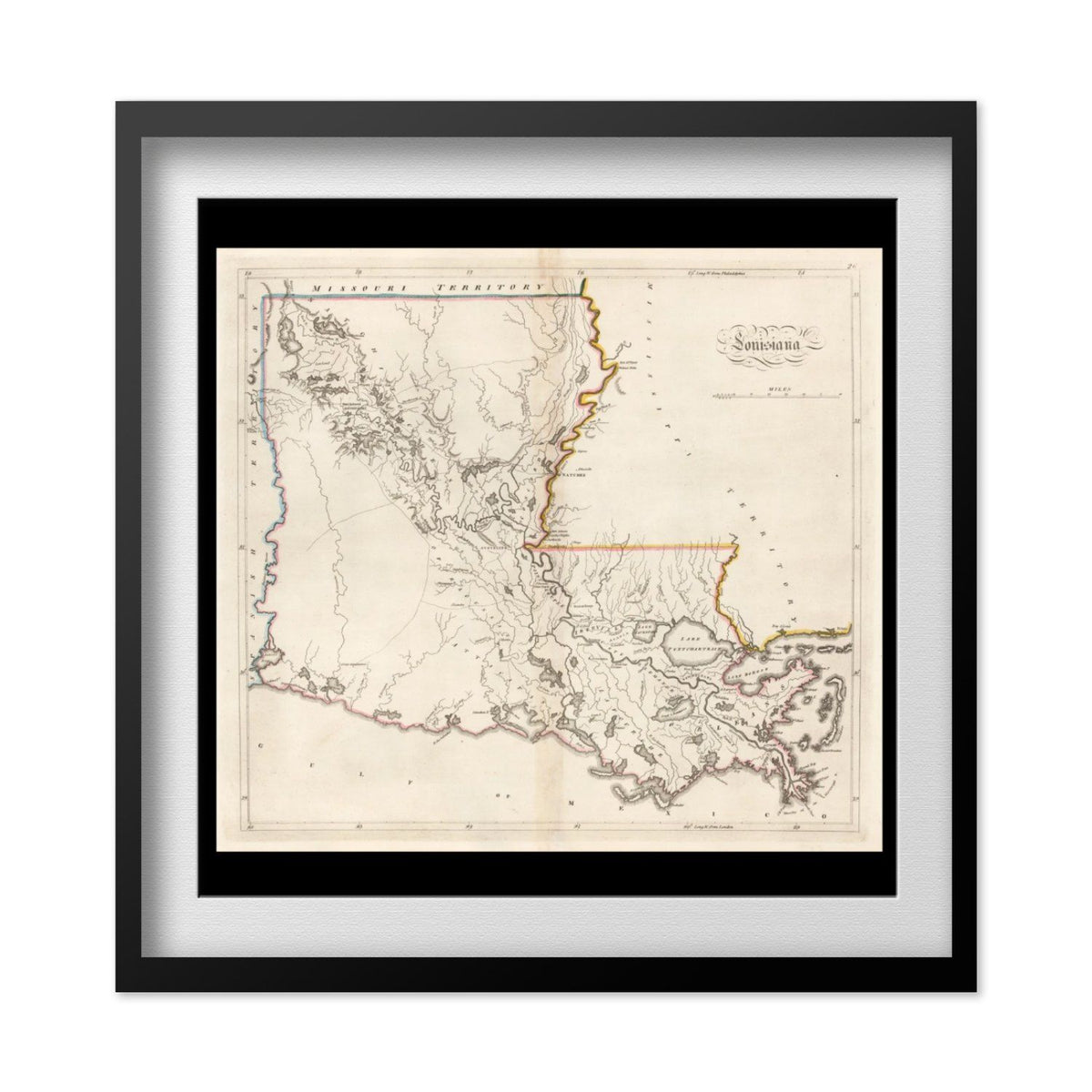Louisiana 1814 Map print in a black frame with a white mat