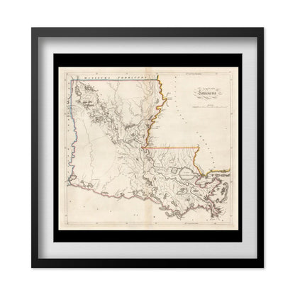 Louisiana 1814 Map print in a black frame with a white mat