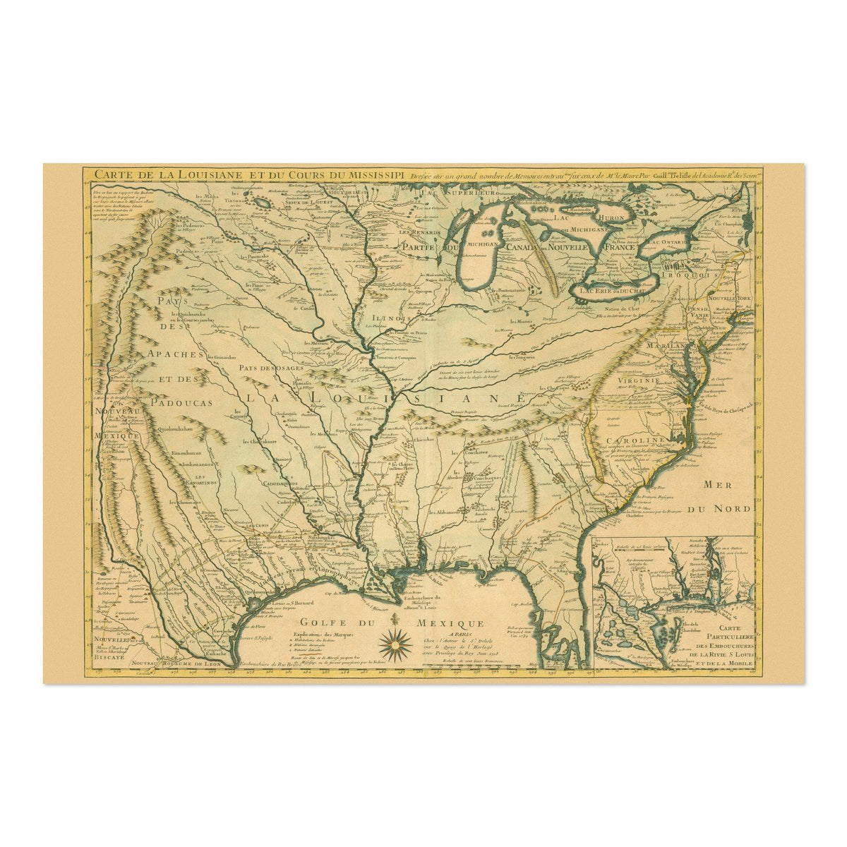 Louisiana & the Mississippi 1730 Map vintage print