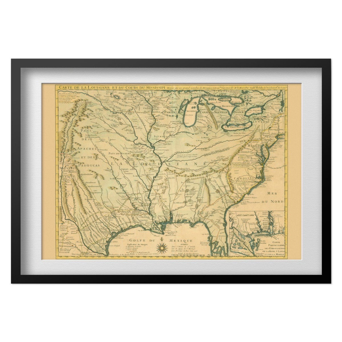 Louisiana & the Mississippi 1730 Map print in a black frame with a white mat