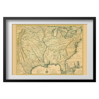 Louisiana & the Mississippi 1730 Map print in a black frame with a white mat