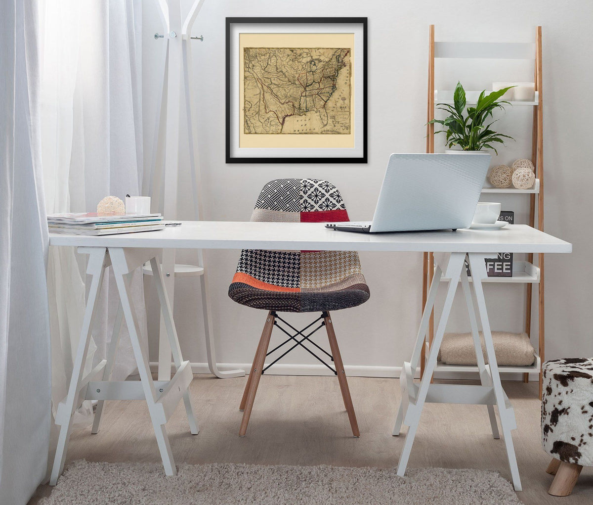 Louisiana Purchase 1818 Map print framed above a white desk in a home office