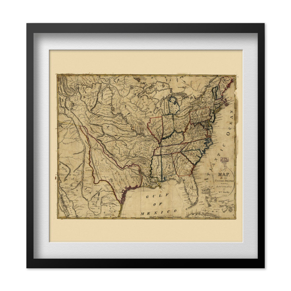 Louisiana Purchase 1818 Map print in a black frame with a white mat