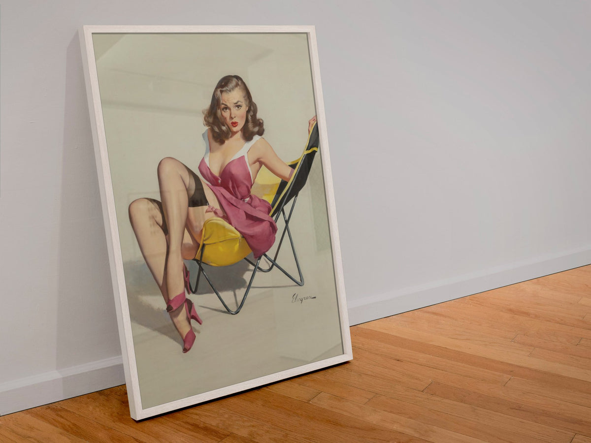 Low Down Feelings by Gil Elvgren, pin-up poster — leaning frame