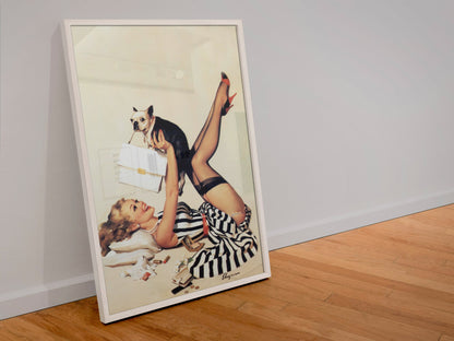 Lucky Dog by Gil Elvgren, pin-up poster — leaning frame