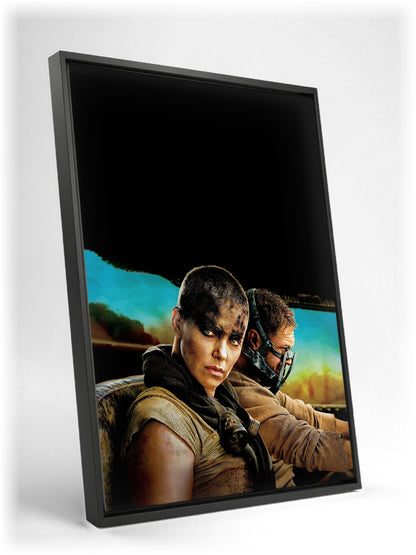 Mad Max: Fury Road (2015) Movie Furiosa and Max Portrait Art as a black floater framed canvas leaning against a wall