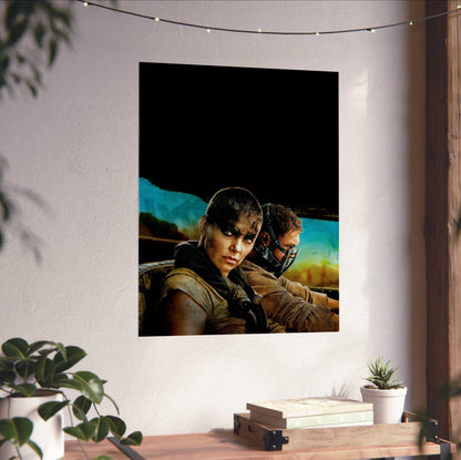 Mad Max: Fury Road (2015) Movie Furiosa and Max Portrait Art poster unframed on a white wall above a desk
