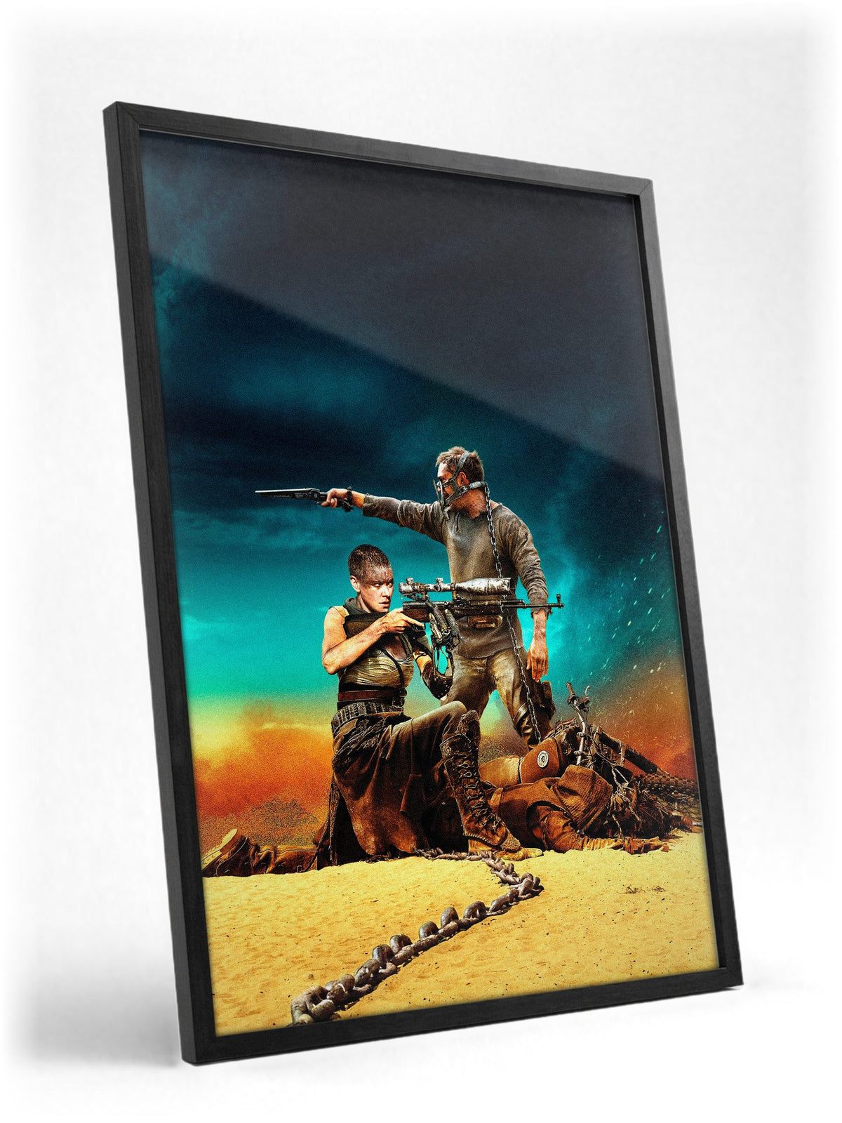 Mad Max: Fury Road (2015) Movie War Rig Art poster in a black frame with glass leaning against a wall