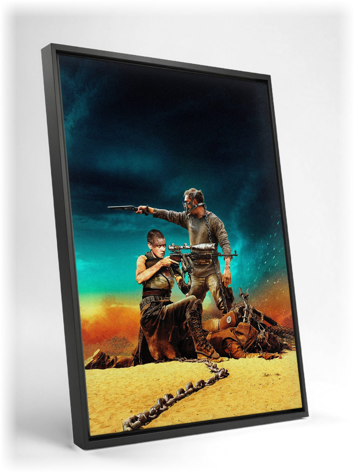Mad Max: Fury Road (2015) Movie War Rig Art as a black floater framed canvas leaning against a wall