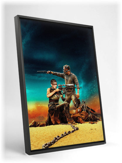 Mad Max: Fury Road (2015) Movie War Rig Art as a black floater framed canvas leaning against a wall