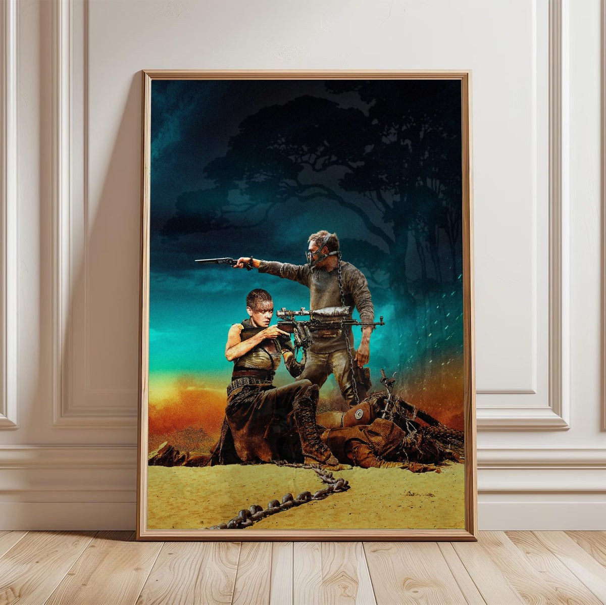 Mad Max: Fury Road (2015) Movie War Rig Art poster in a light oak frame leaning against a white wall