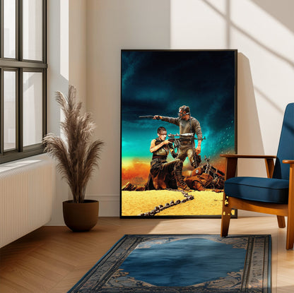 Mad Max: Fury Road (2015) Movie War Rig Art poster framed beside a blue armchair in a sunlit room