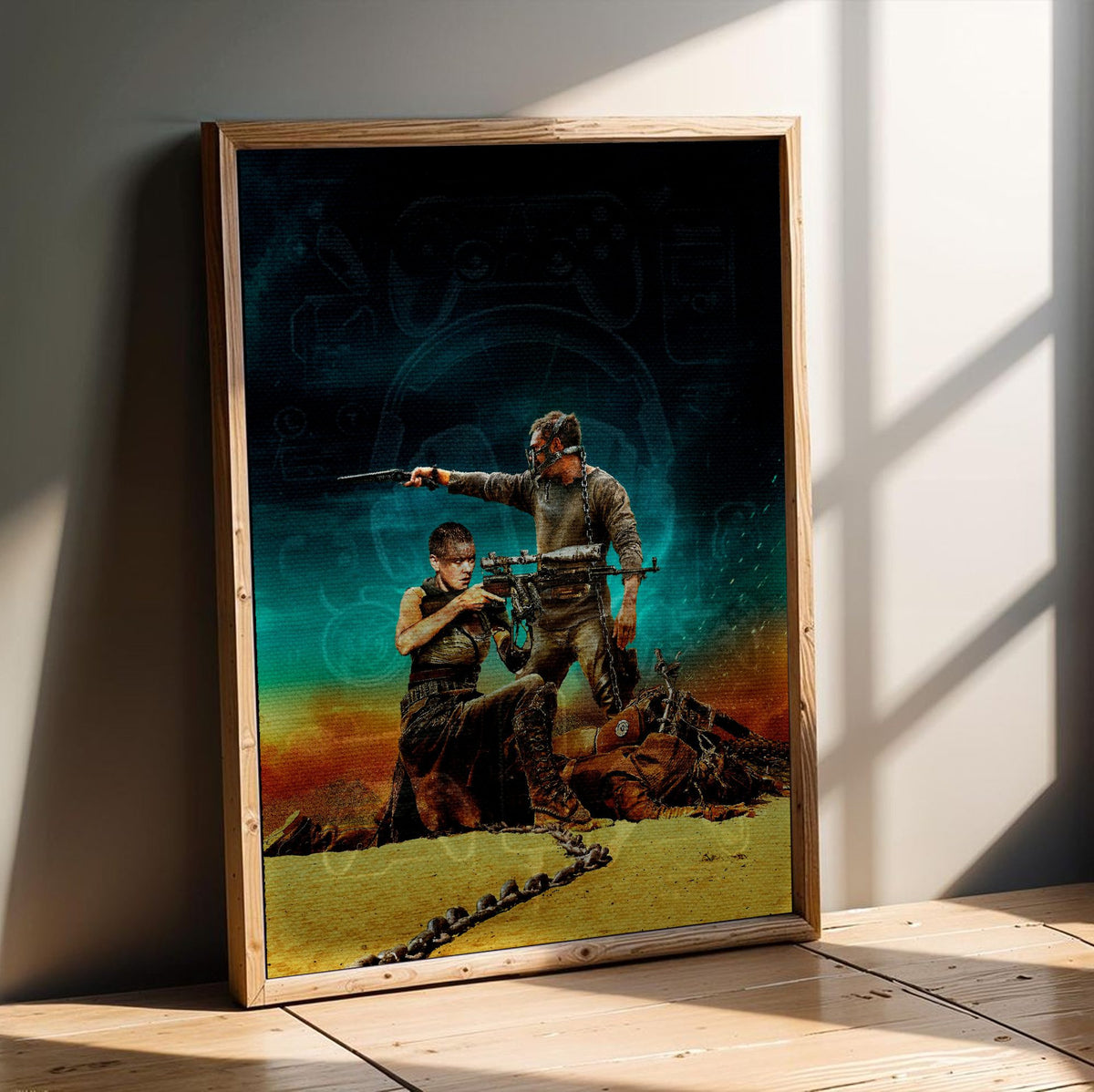 Mad Max: Fury Road (2015) Movie War Rig Art poster in an oak frame leaning on a wooden floor