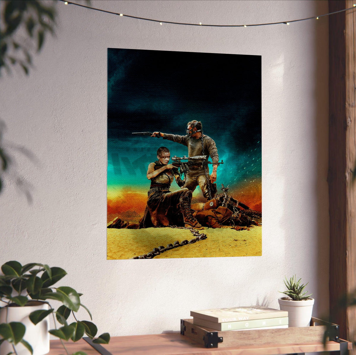 Mad Max: Fury Road (2015) Movie War Rig Art poster unframed on a white wall above a desk