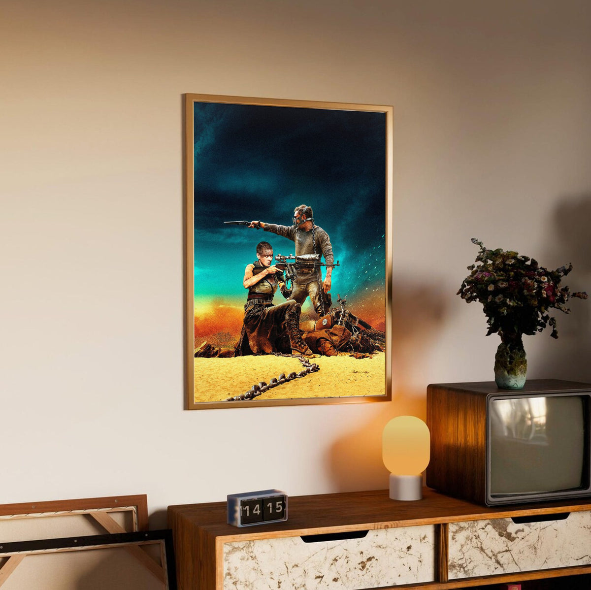 Mad Max: Fury Road (2015) Movie War Rig Art poster in an oak frame above a sideboard