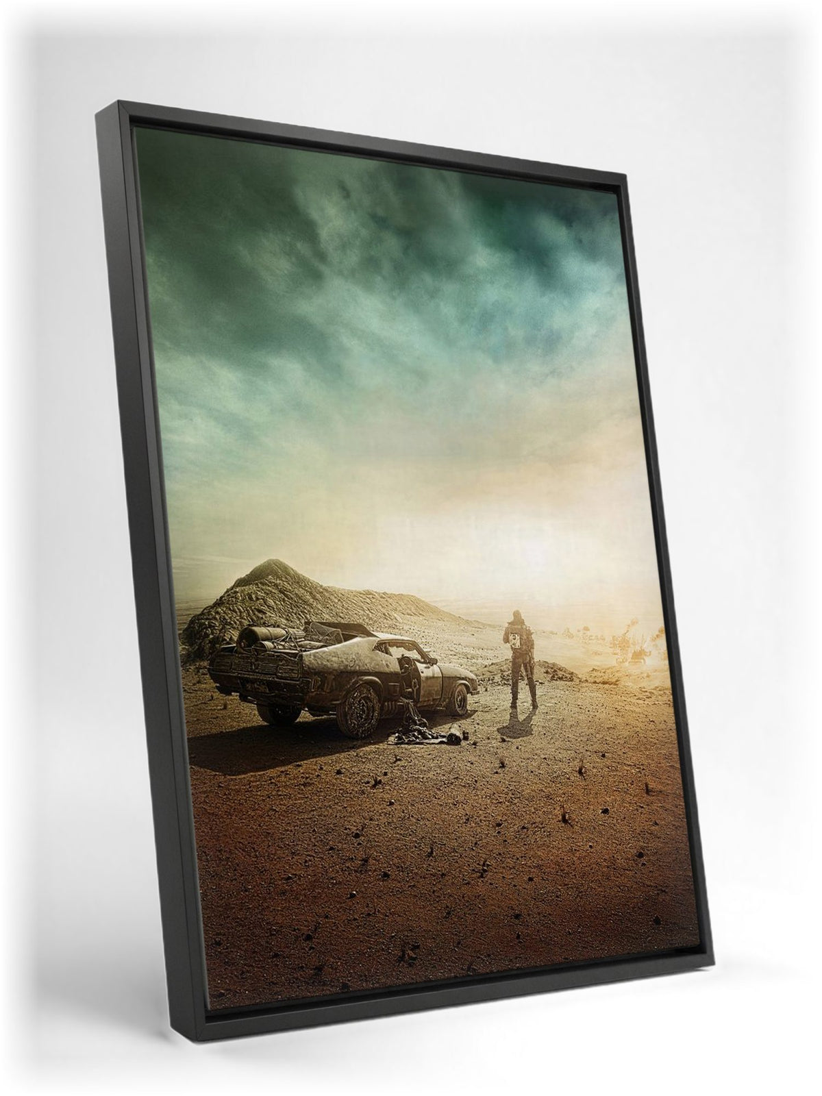 Mad Max: Fury Road (2015) Movie Wasteland Art as a black floater framed canvas leaning against a wall