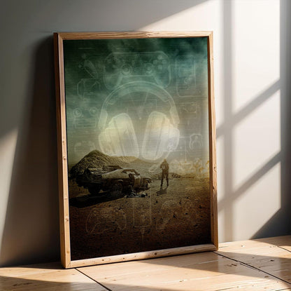 Mad Max: Fury Road (2015) Movie Wasteland Art poster in an oak frame leaning on a wooden floor