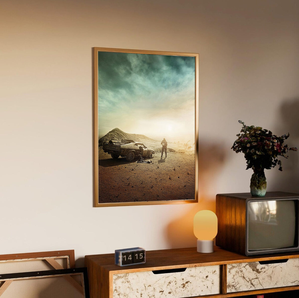 Mad Max: Fury Road (2015) Movie Wasteland Art poster in an oak frame above a sideboard