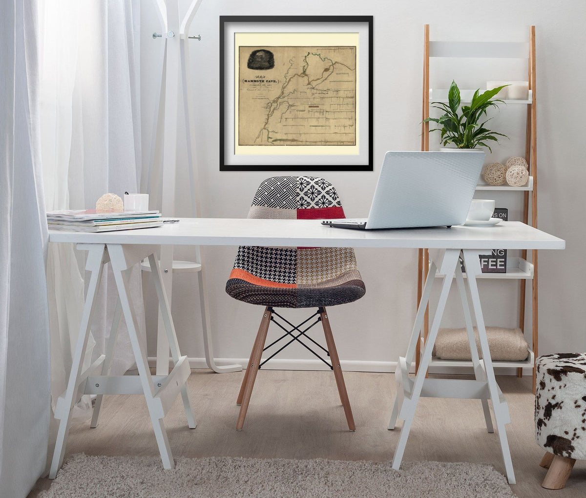 Mammoth Cave 1830s Map print framed above a white desk in a home office