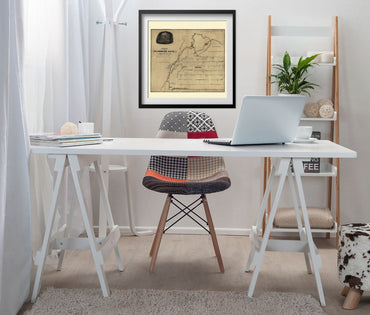 Mammoth Cave 1830s Map print framed above a white desk in a home office
