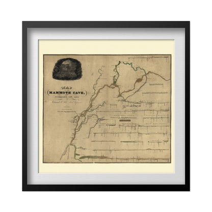 Mammoth Cave 1830s Map print in a black frame with a white mat