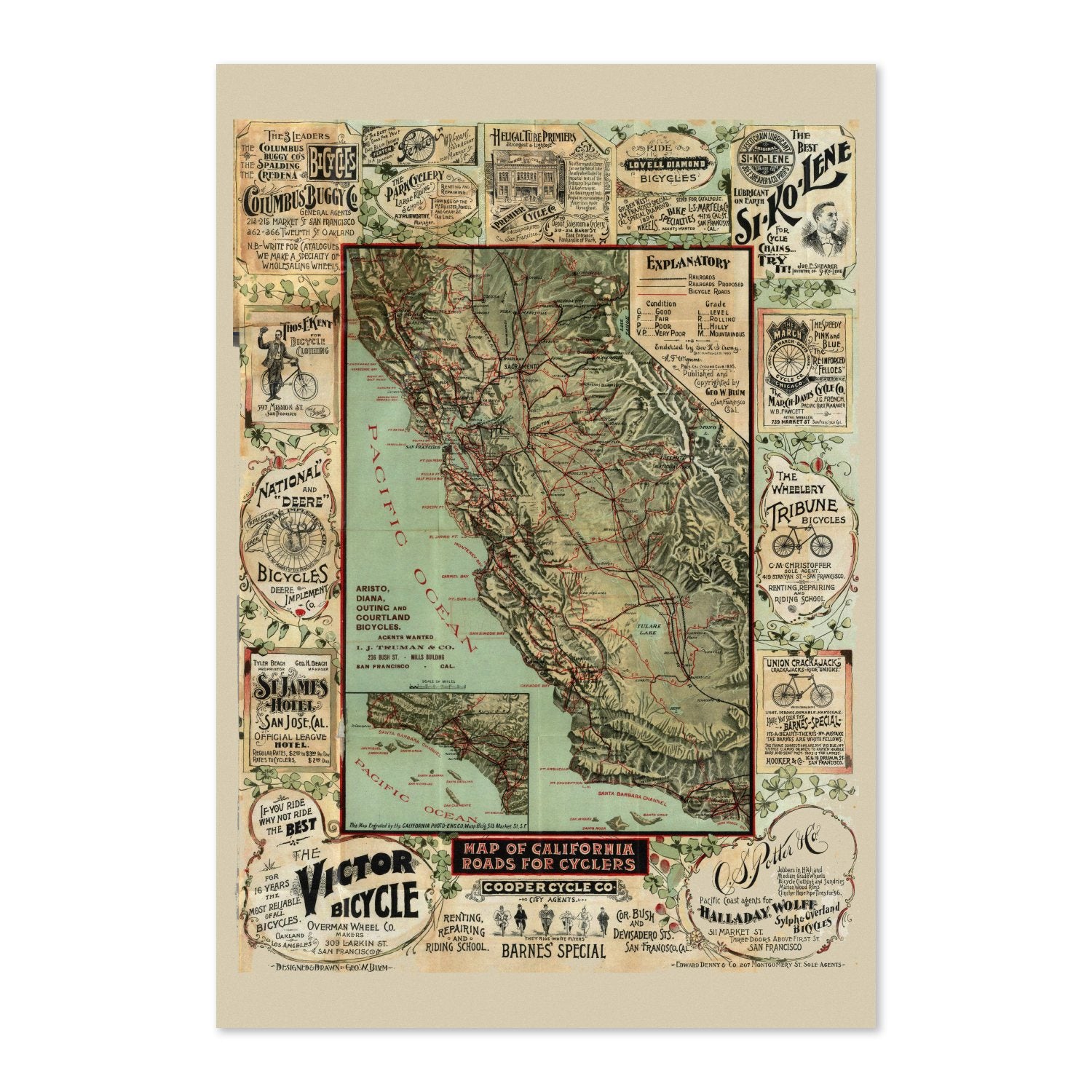 California Roads for Cyclers 1896 Map poster print