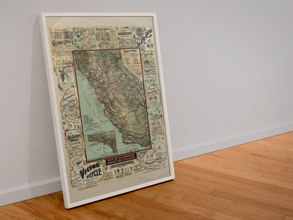 California Roads for Cyclers 1896 Map poster in a white frame leaning against a wall