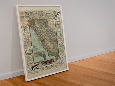 California Roads for Cyclers 1896 Map poster in a white frame leaning against a wall