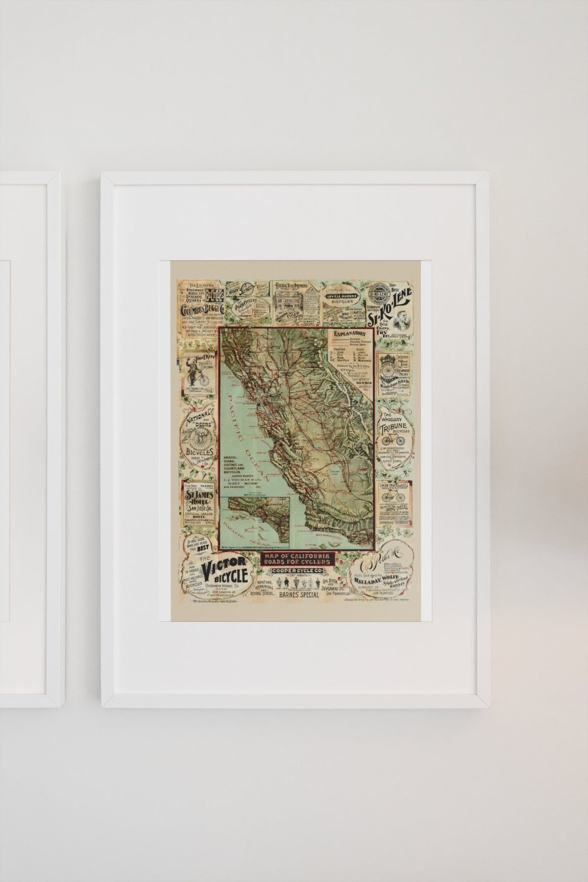 California Roads for Cyclers 1896 Map poster on a light wall