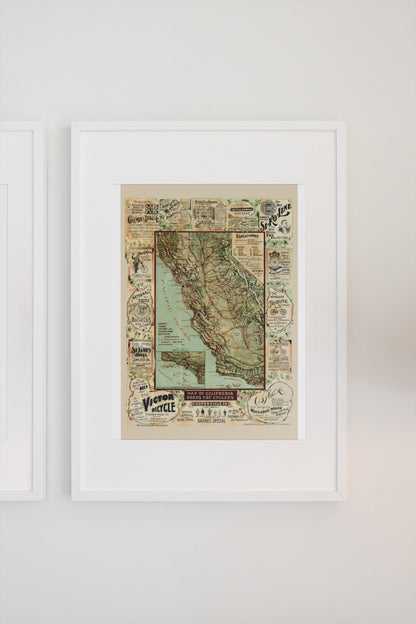 California Roads for Cyclers 1896 Map poster on a light wall