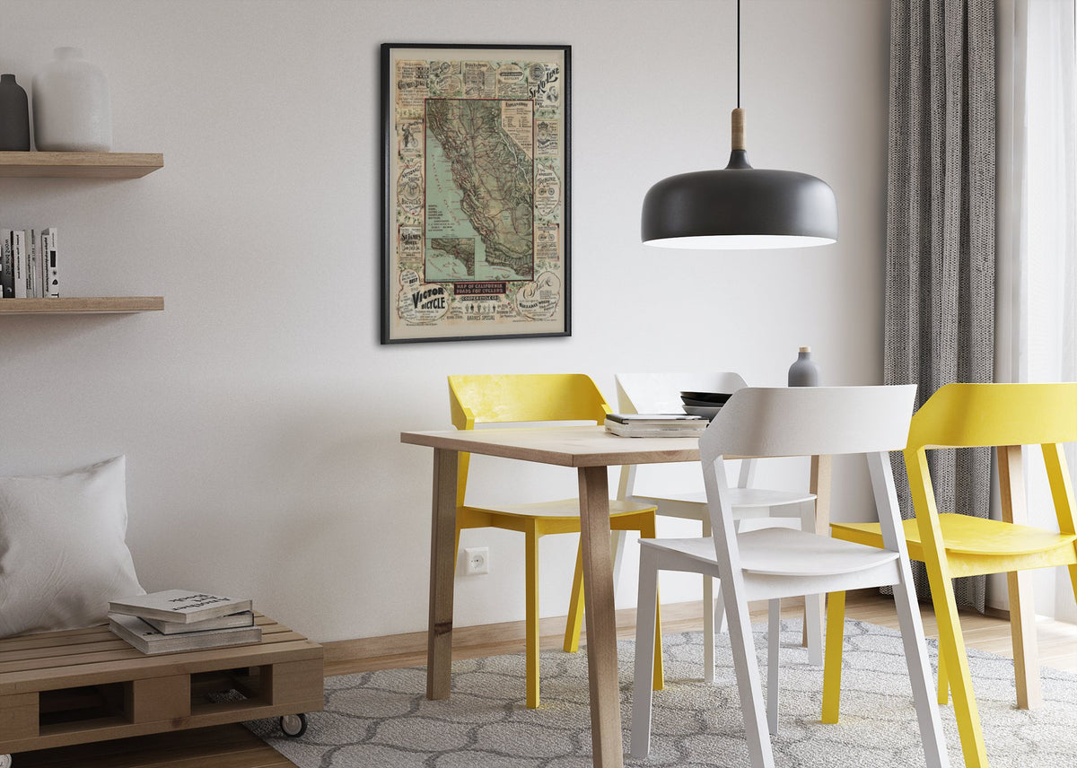 California Roads for Cyclers 1896 Map poster framed above a dining table