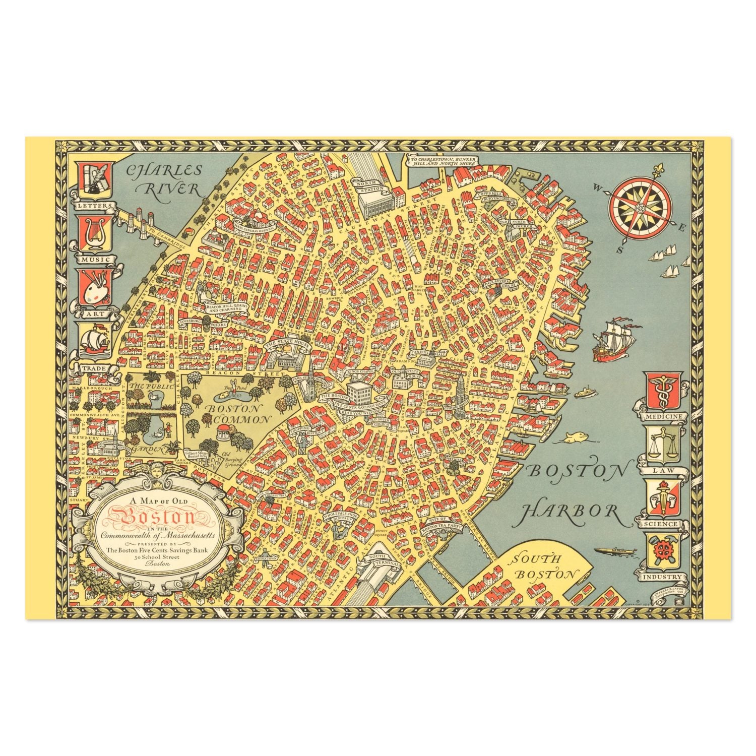 Map of Old Boston 1929 poster print