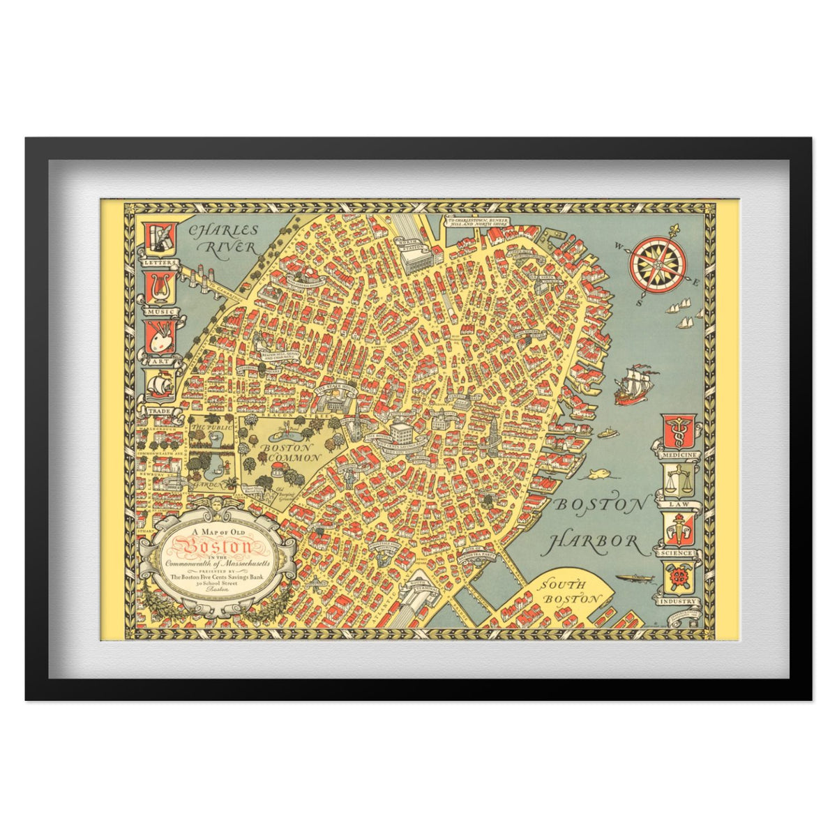 Map of Old Boston 1929 print in a black frame