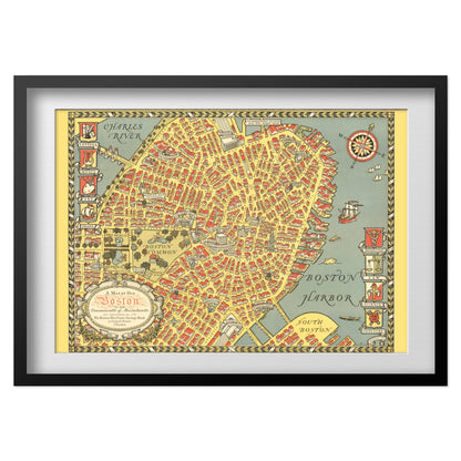 Map of Old Boston 1929 print in a black frame