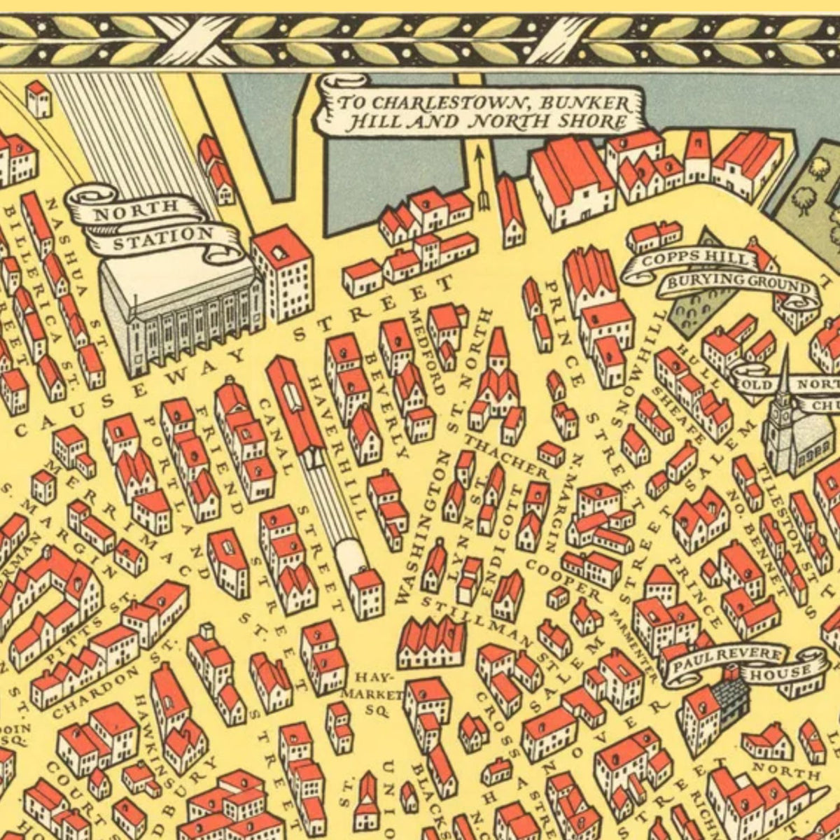 Close-up detail of the Map of Old Boston 1929 print
