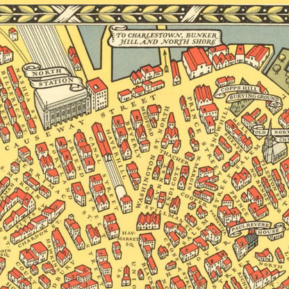 Close-up detail of the Map of Old Boston 1929 print