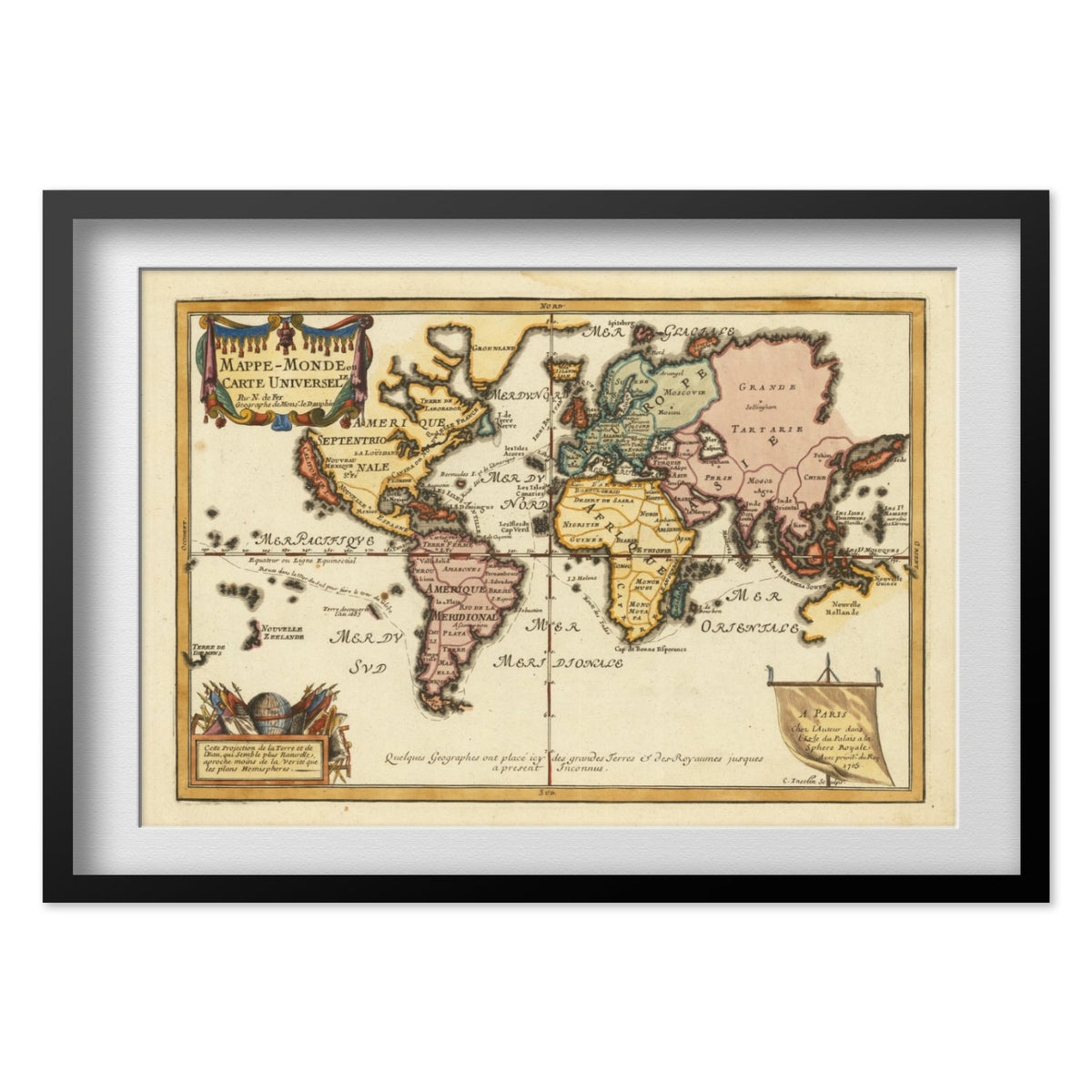 Map of the World 1700s print in a black frame