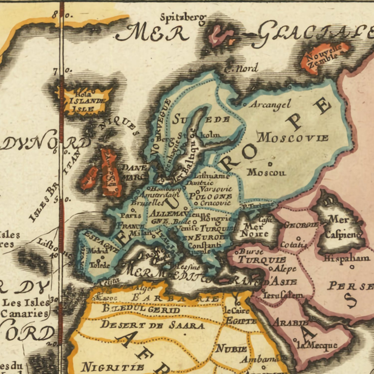 Close-up detail of the Map of the World 1700s print