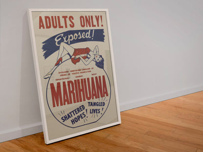 Marihuana Exposed poster in a white frame leaning against a wall