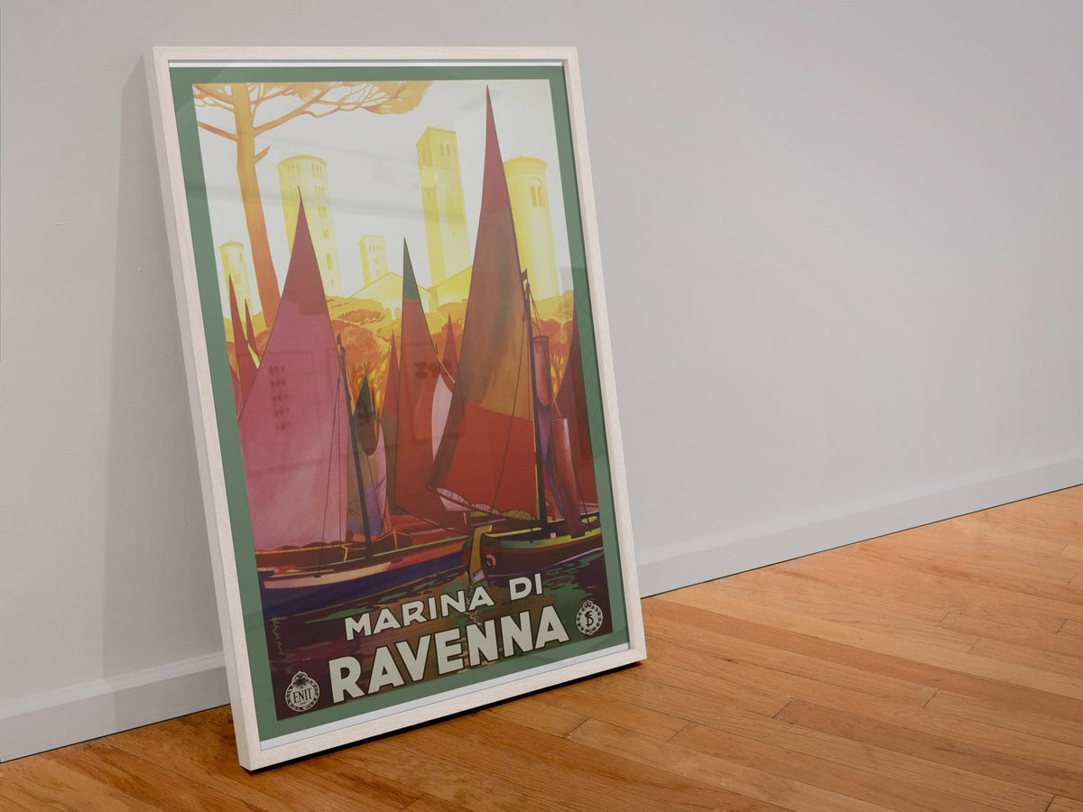 Marina di Ravenna poster in a white frame leaning against a wall
