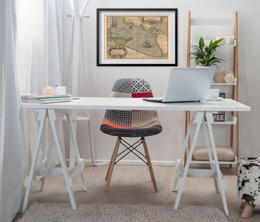 Maris Pacifici 1589 Map framed above a white desk in a home office