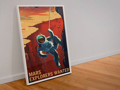 Mars Explorers Wanted poster in a white frame leaning against a wall