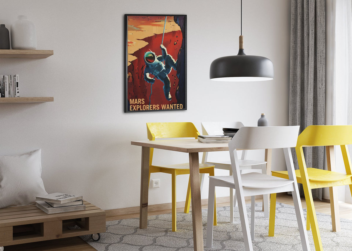 Mars Explorers Wanted poster framed above a dining table