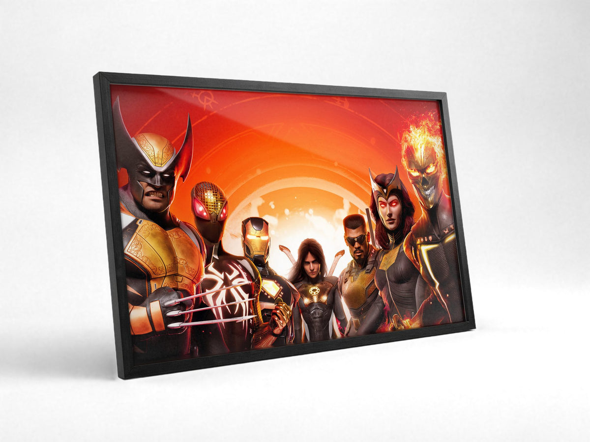 Marvel's Midnight Suns Digital Edition Key Art poster in a black frame with glass leaning against a wall