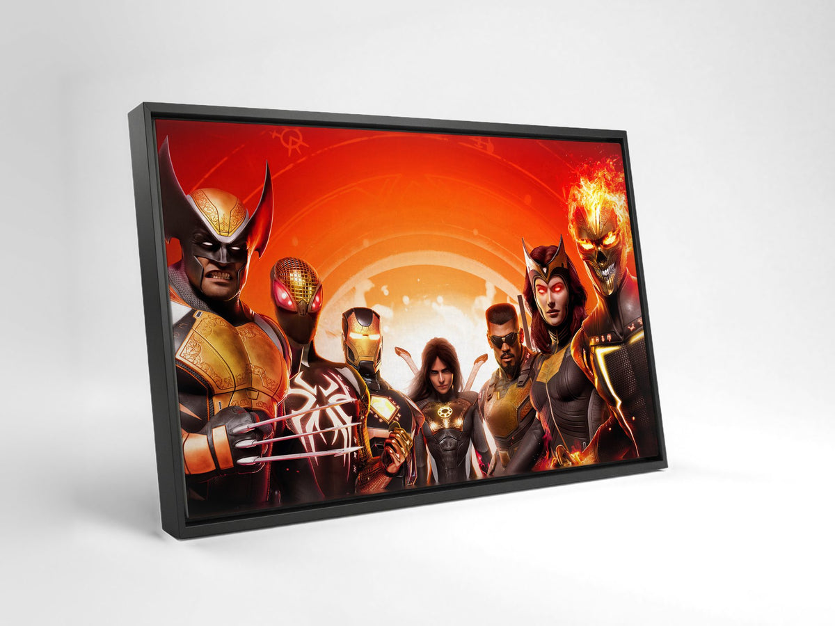 Marvel's Midnight Suns Digital Edition Key Art as a black floater framed canvas leaning against a wall