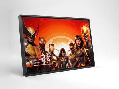 Marvel's Midnight Suns Digital Edition Key Art as a black floater framed canvas leaning against a wall
