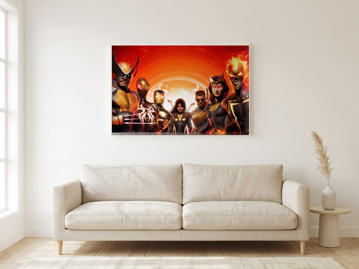 Marvel's Midnight Suns Digital Edition Key Art poster in a white frame in a living room