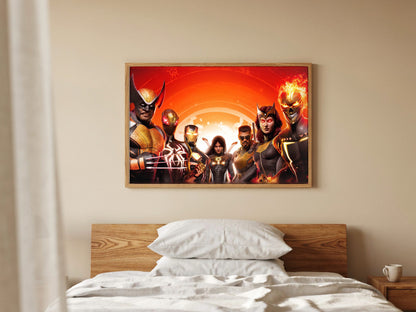 Marvel's Midnight Suns Digital Edition Key Art poster in a natural oak frame in a bedroom