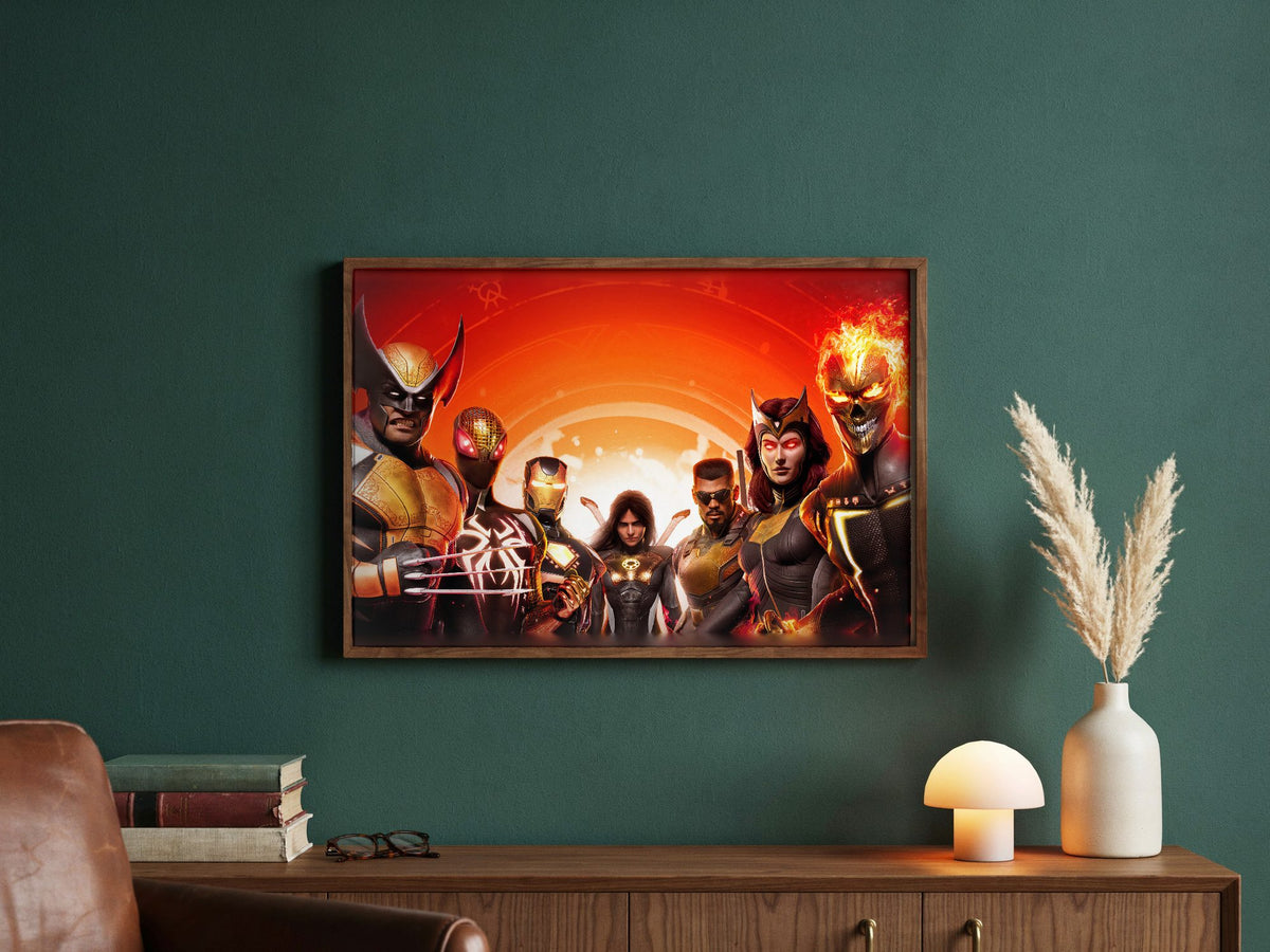 Marvel's Midnight Suns Digital Edition Key Art poster in a dark walnut frame in a green study