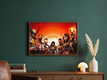 Marvel's Midnight Suns Digital Edition Key Art poster in a dark walnut frame in a green study